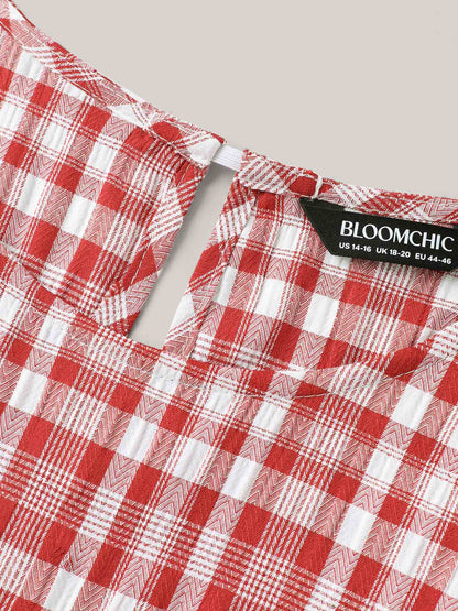 Plaid Print Textured Lotus Leaf Sleeve Shirt