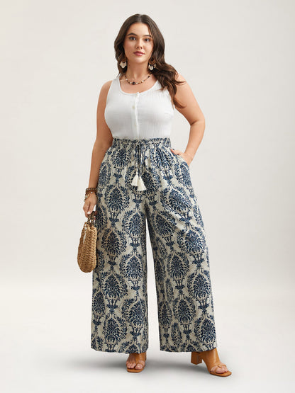 Damask Print Tassel Straight-Leg Pants