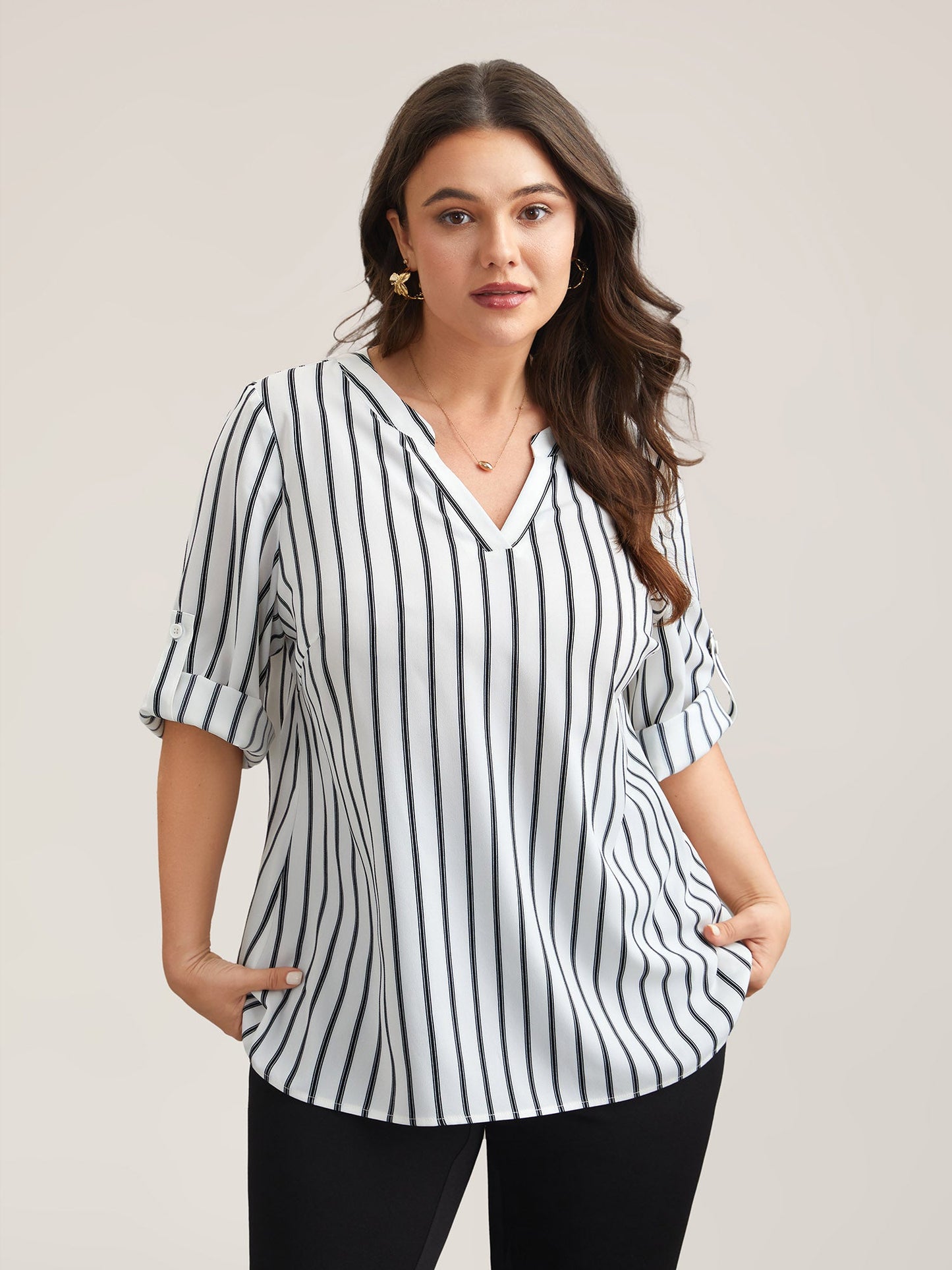 Notched Collar Striped Tab Sleeve Shirt