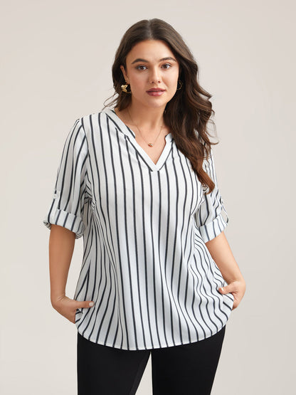 Notched Collar Striped Tab Sleeve Shirt