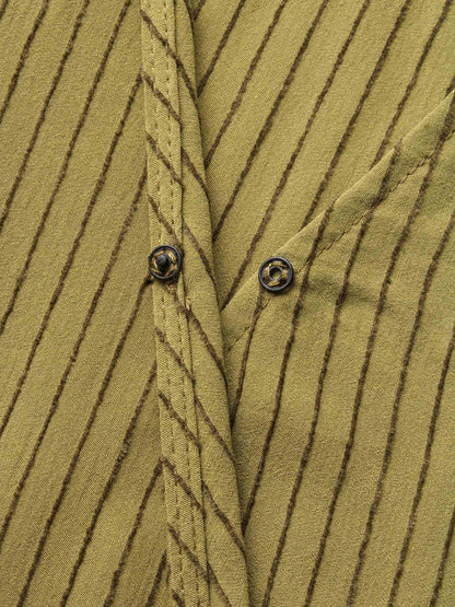 Striped Textured Overlap Collar Shirred Blouse