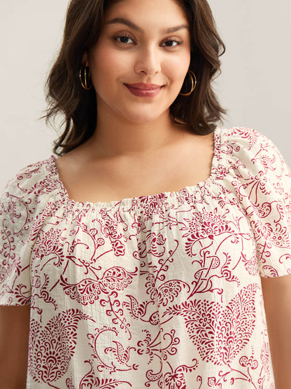 Floral Print Shirred Neck Flowy Blouse