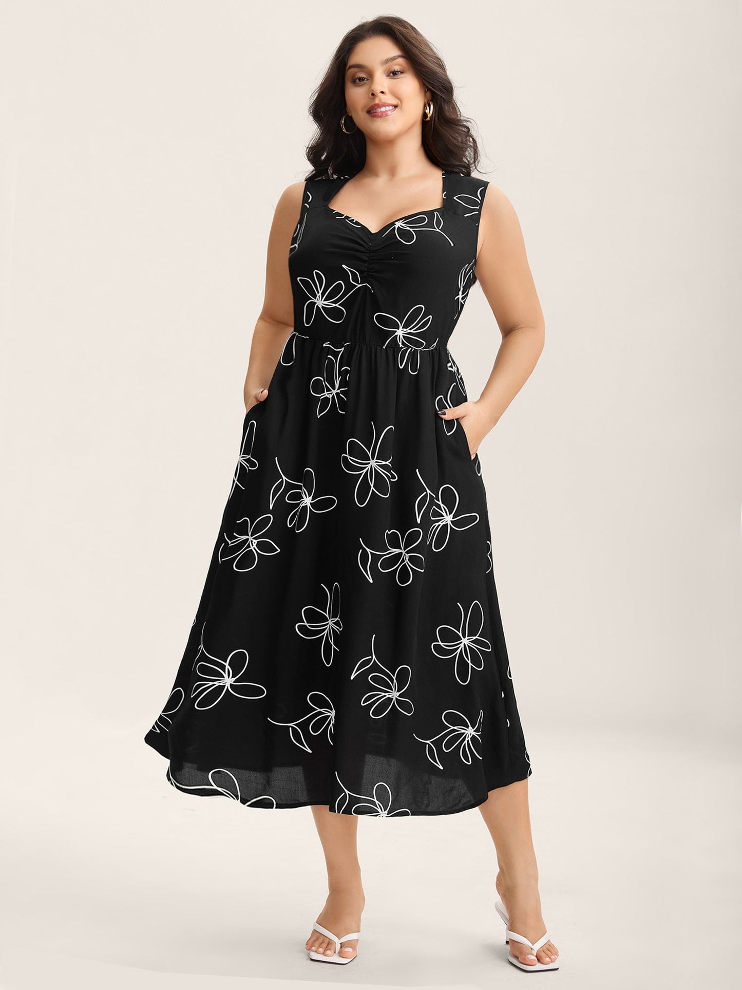 Rayon Floral Stretchy Waist Midi Dress