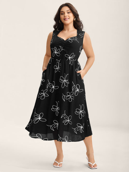 Rayon Floral Stretchy Waist Midi Dress