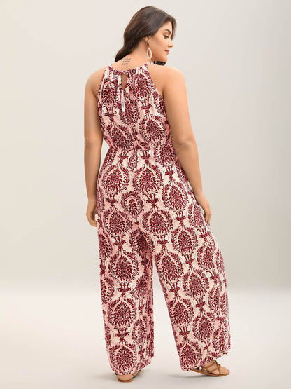 Rayon Damask Print Stretchy Waist Jumpsuit