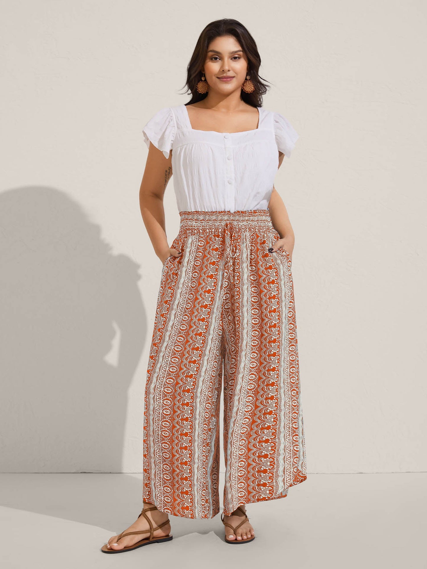 Boho Print Shirred Waist Wide-Leg Pants