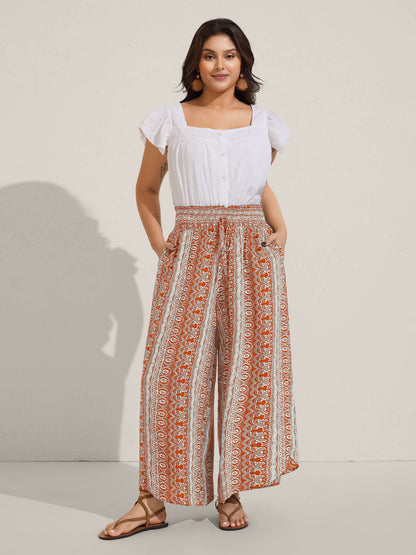 Boho Print Shirred Waist Wide-Leg Pants