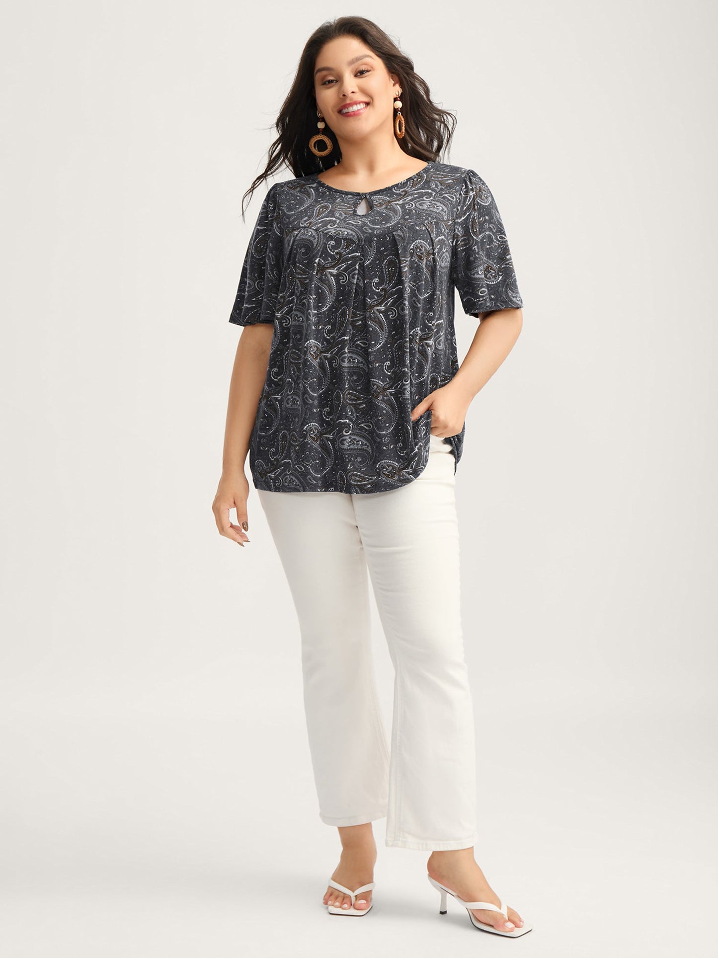 Paisley Print Neck Cut-Out Pleated Top