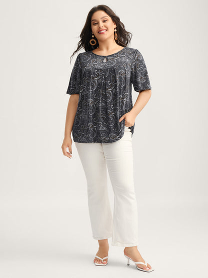Paisley Print Neck Cut-Out Pleated Top