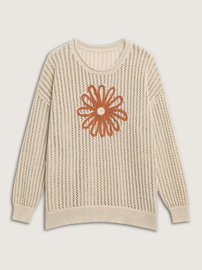 Floral Motif Cut-Out Textured Pullover