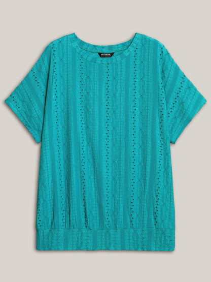 Eyelet Trim Stretchy Textured Plain Top