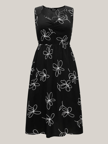 Rayon Floral Stretchy Waist Midi Dress