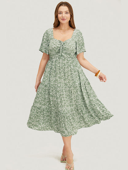 Ditsy Floral Sweetheart Drawstring Pocket Tiered Dress