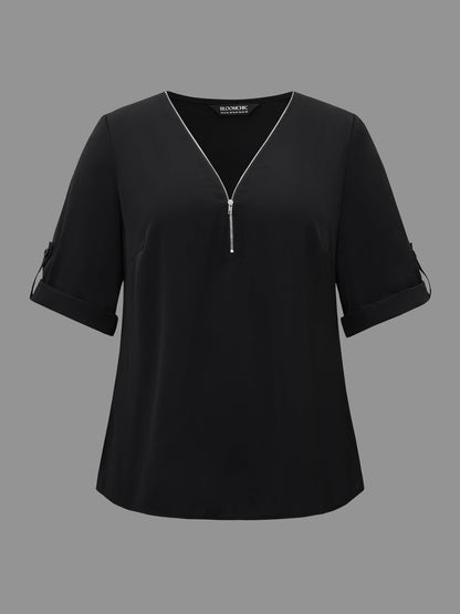 Plain V Neck Half Zip Tab Sleeve Blouse