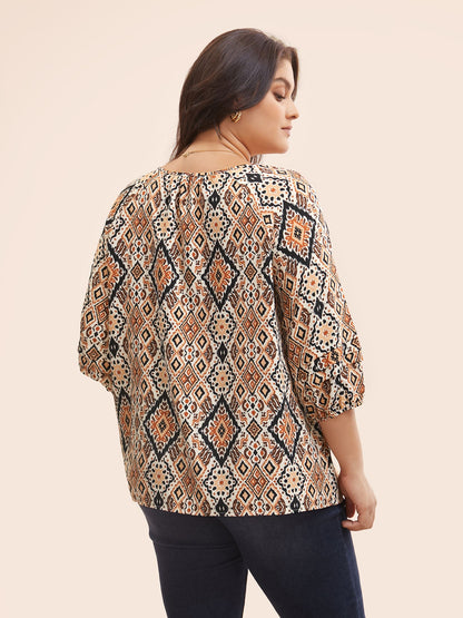Bandana Geometric Pleated Lantern Sleeve Blouse