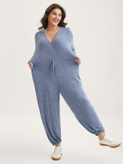 Elastic Waist Overlap Collar Lounge Jumpsuit