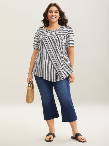 Striped Overlap Print Curvy Hem Blouse