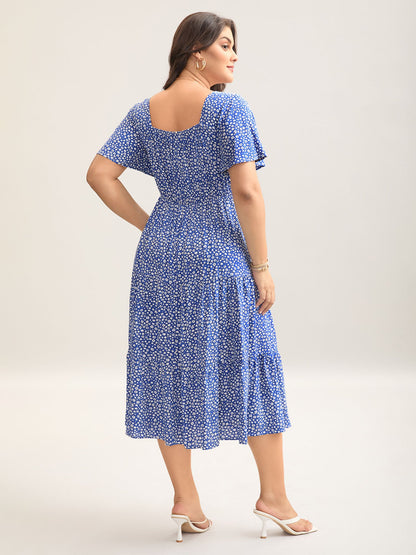 Ditsy Floral Sweetheart Drawstring Pocket Tiered Dress