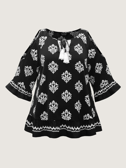 Floral Print Lace Neck Flared Sleeve Blouse