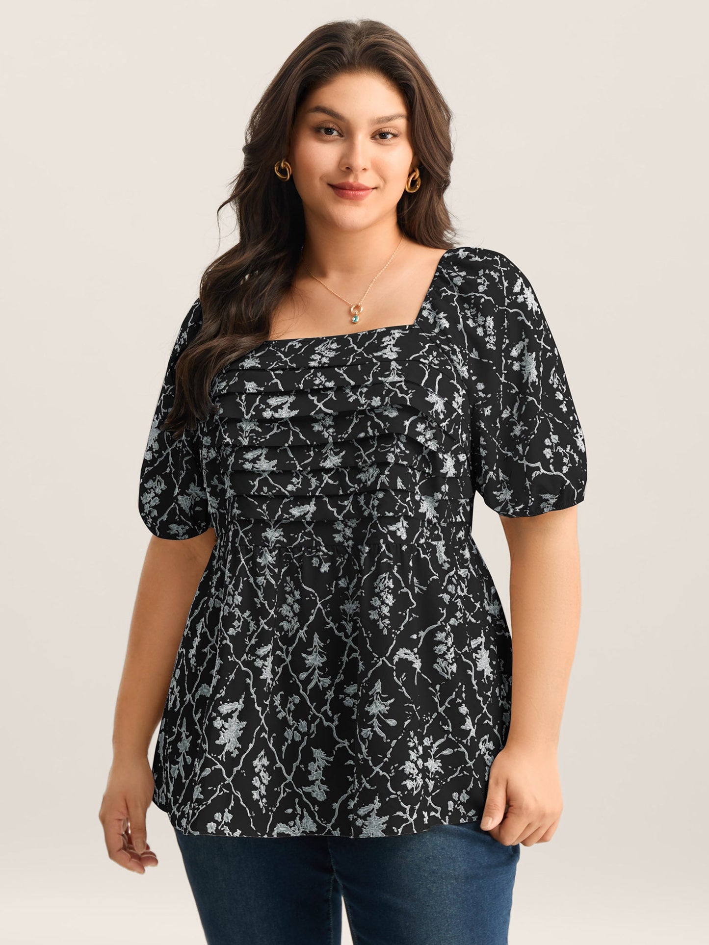 Floral Pleated Bodice Puffy Sleeve Blouse