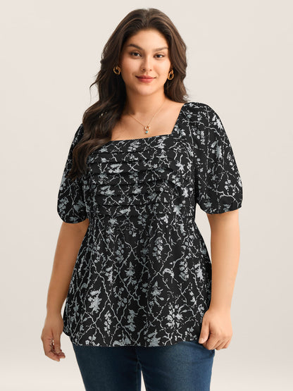 Floral Pleated Bodice Puffy Sleeve Blouse