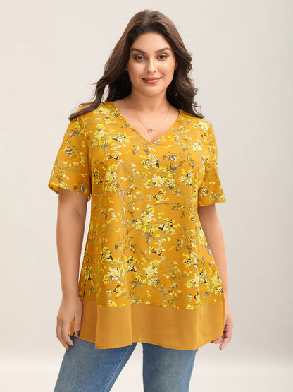 Garden Print Spliced V-Neck Blouse