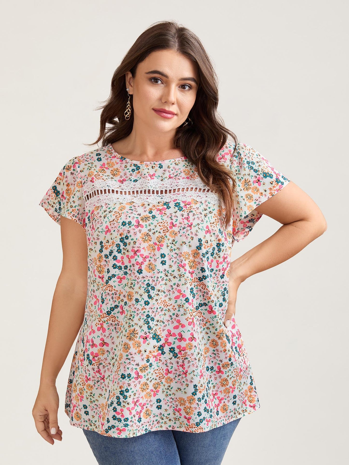 Multi-Color Floral Print Lace Spliced Blouse