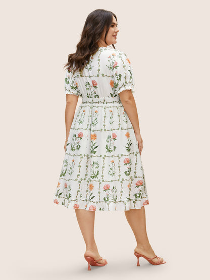 Boho Print Tie Knot Shirred Lantern Sleeve Dress