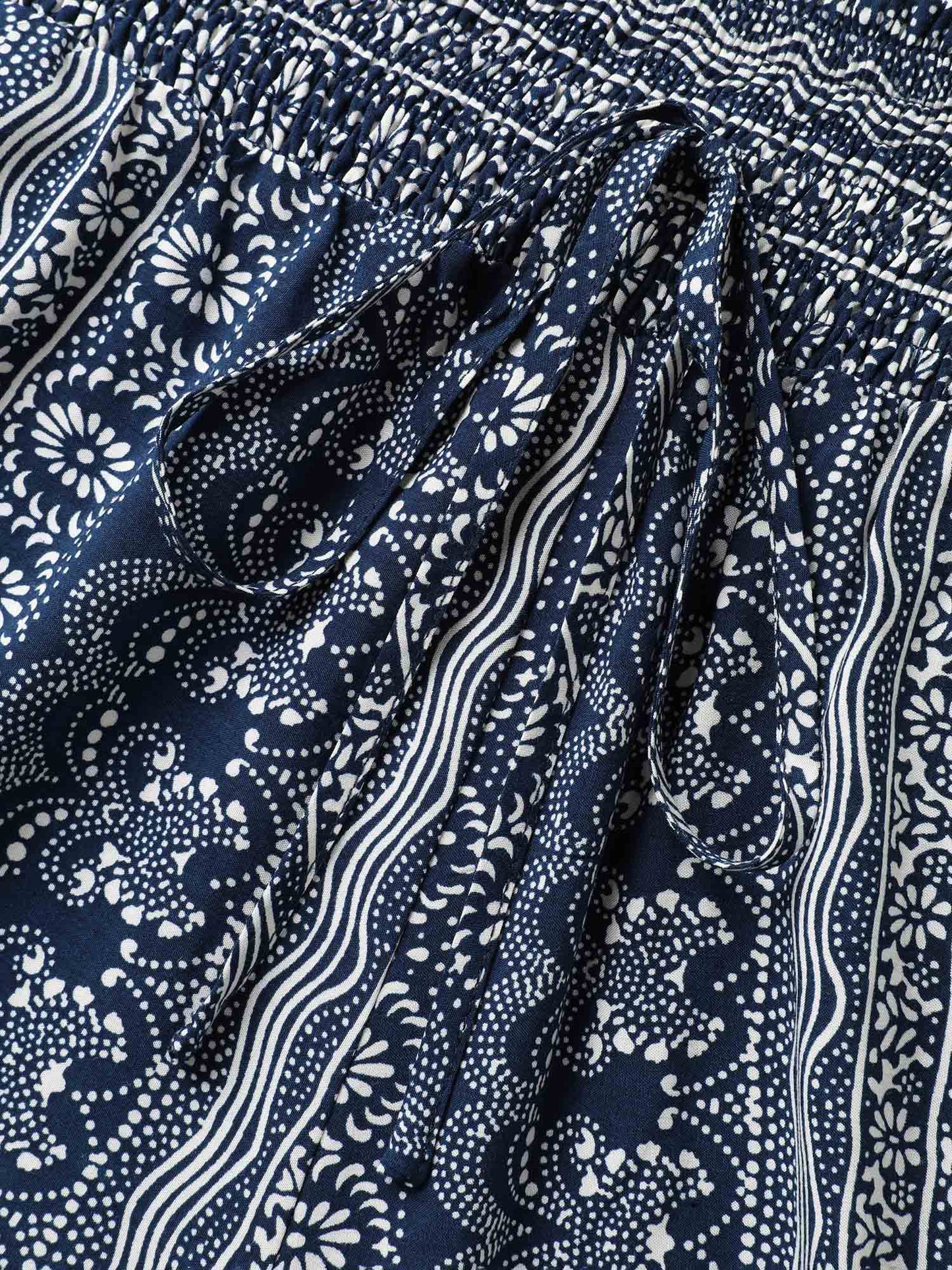 Boho Print Shirred Waist Wide-Leg Pants