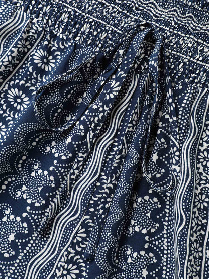 Boho Print Shirred Waist Wide-Leg Pants