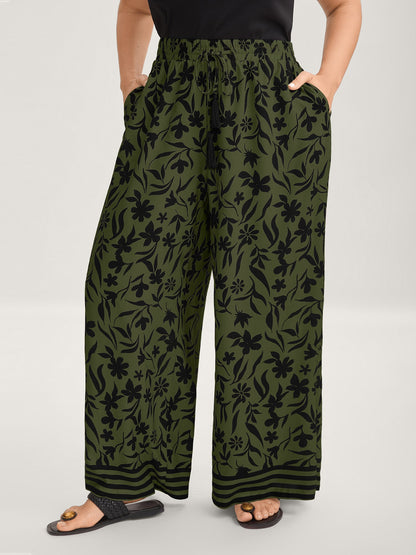 Floral Print Wide-Leg Contrast Pants