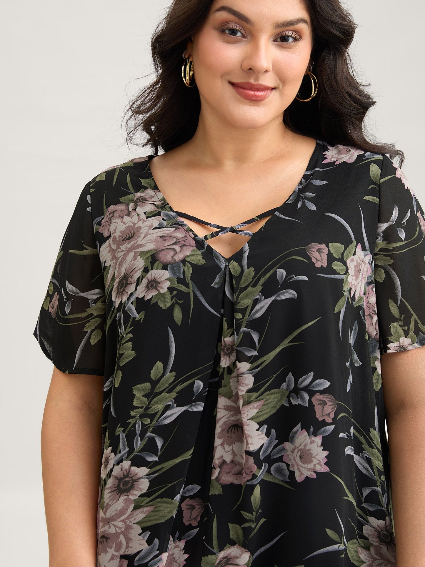 Chiffon Floral Crisscross Hanky Hem Blouse