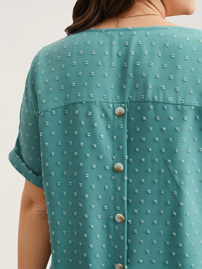 Back-Button Textured V-Neck Shirt