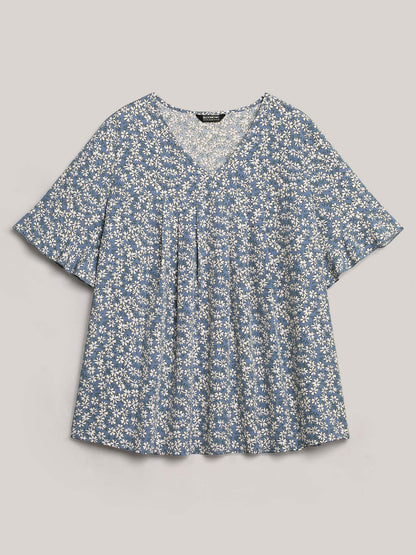 Ditsy Floral Pleated Flared Sleeve Shirt