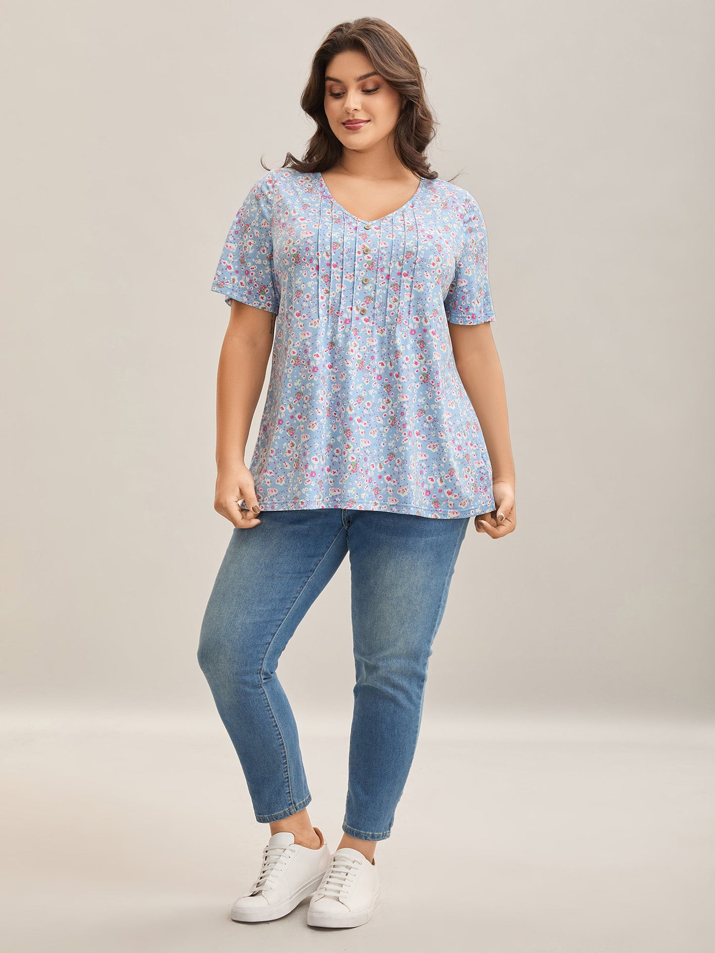 Floral Print Plicated Detail T-Shirt