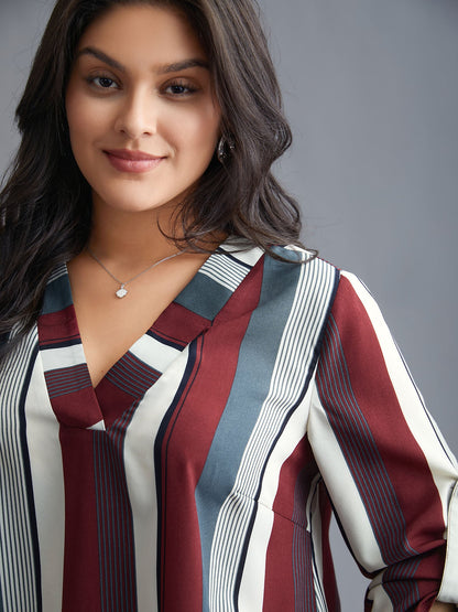 Vertical Striped V-Neck Tab Sleeve Blouse