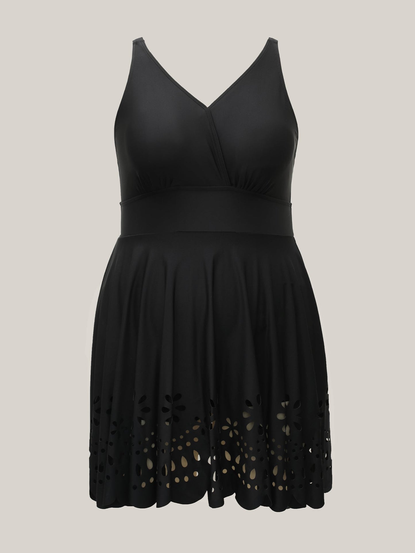 Laser Cut Surplice Neck Waist-Cinched Swim Dress