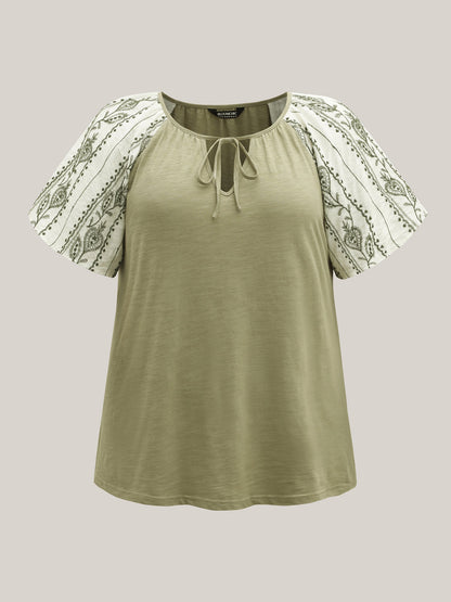 Boho Print Neck Tie Plain Top