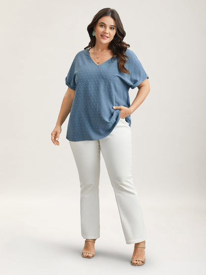Back-Button Textured V-Neck Shirt