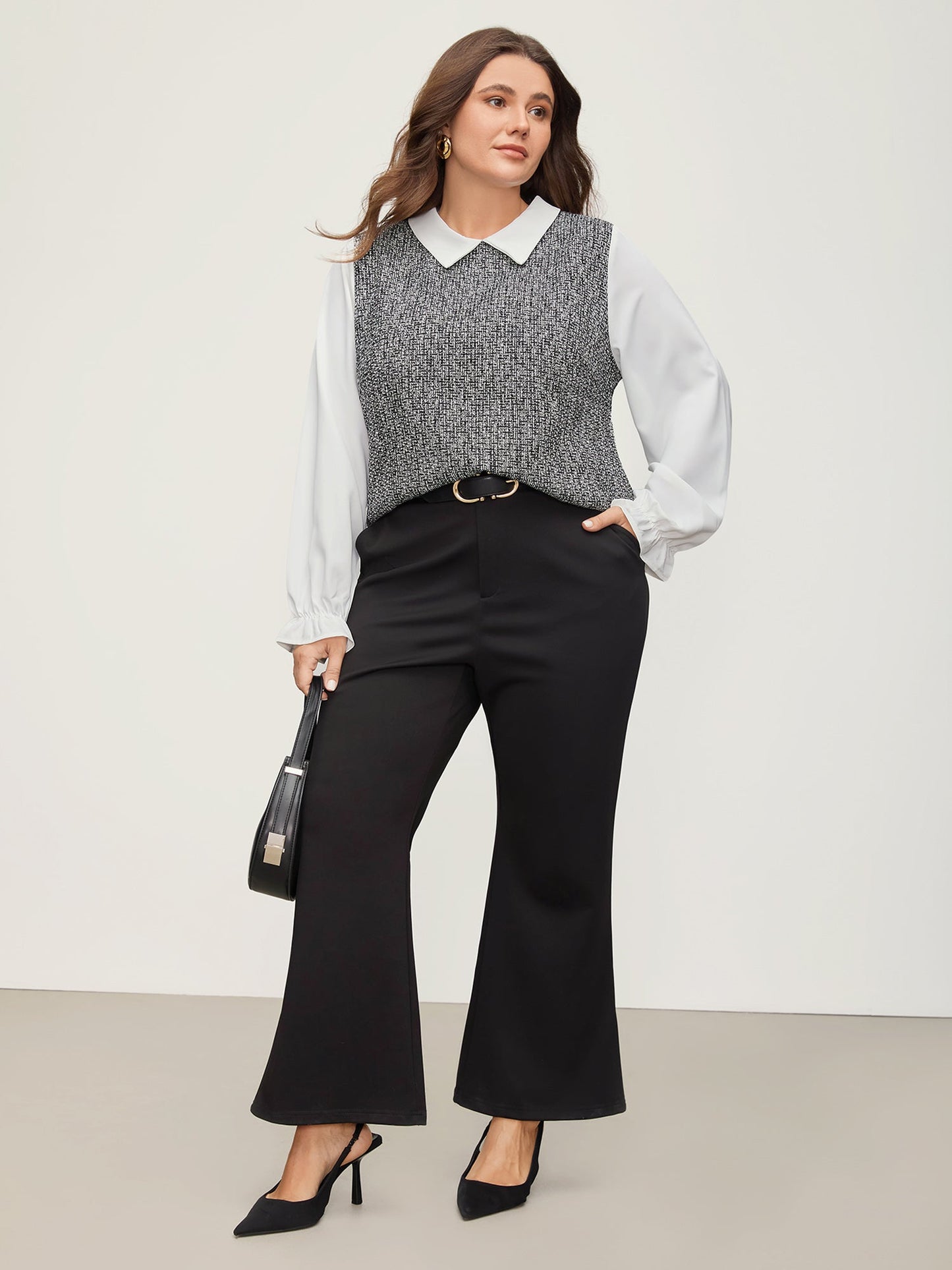 Tweed Patchwork Lantern Sleeve Blouse