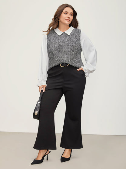 Tweed Patchwork Lantern Sleeve Blouse