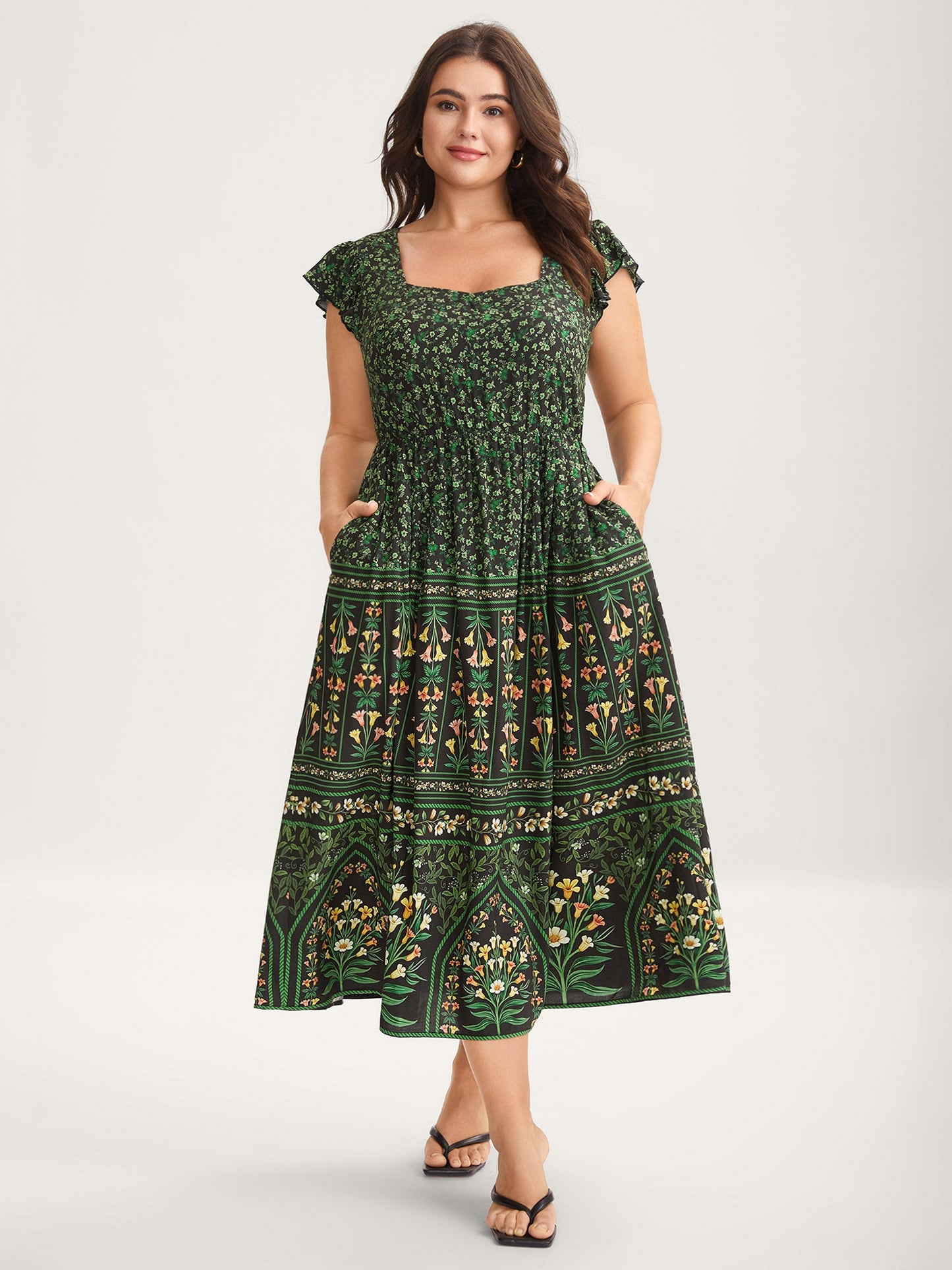 Rayon Garden Fresh Ruffled Sleeve Midi Dress