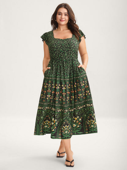 Rayon Garden Fresh Ruffled Sleeve Midi Dress