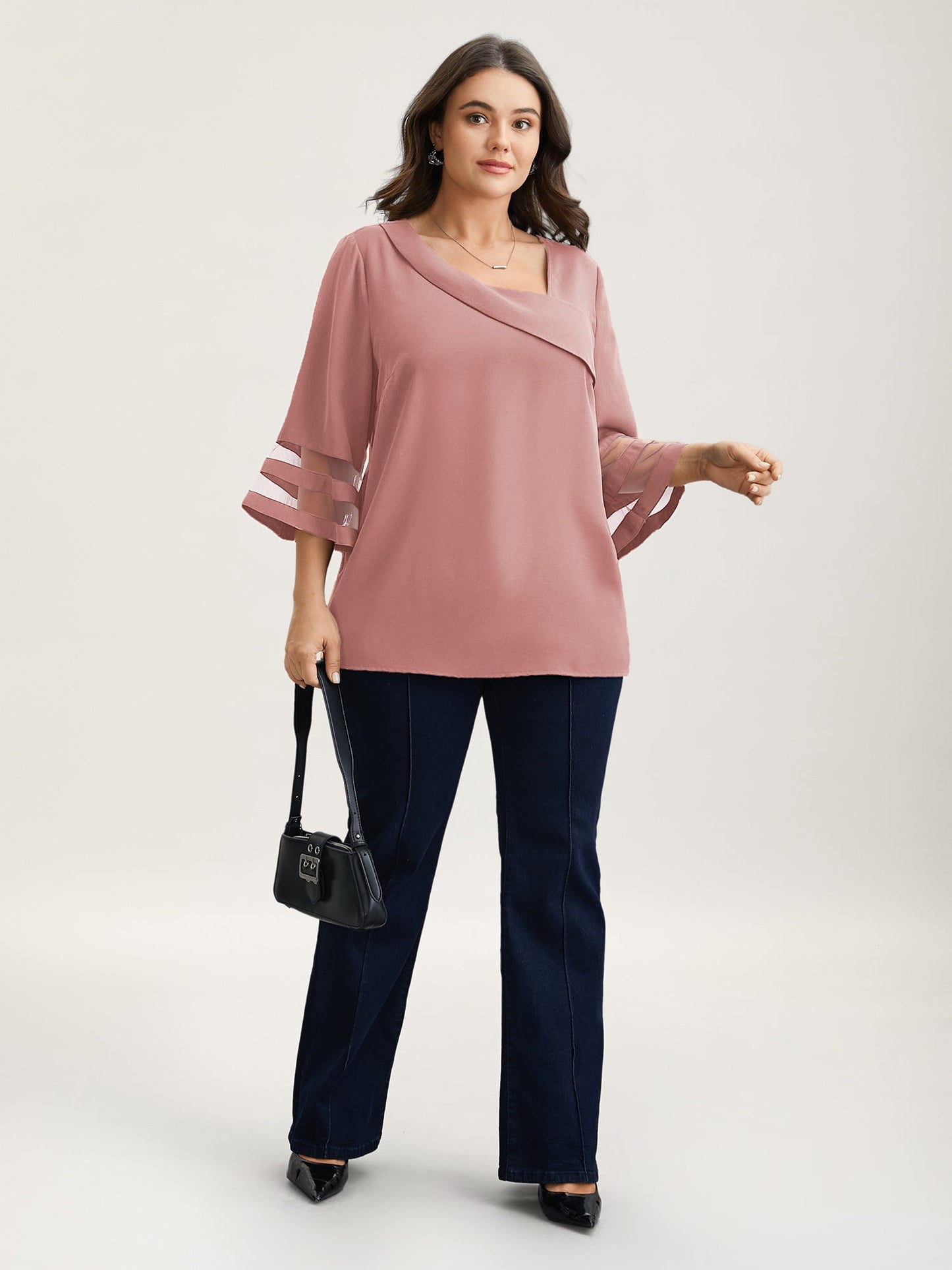Sheer Sleeve Patchwork Asymmetrical Neckline Blouse