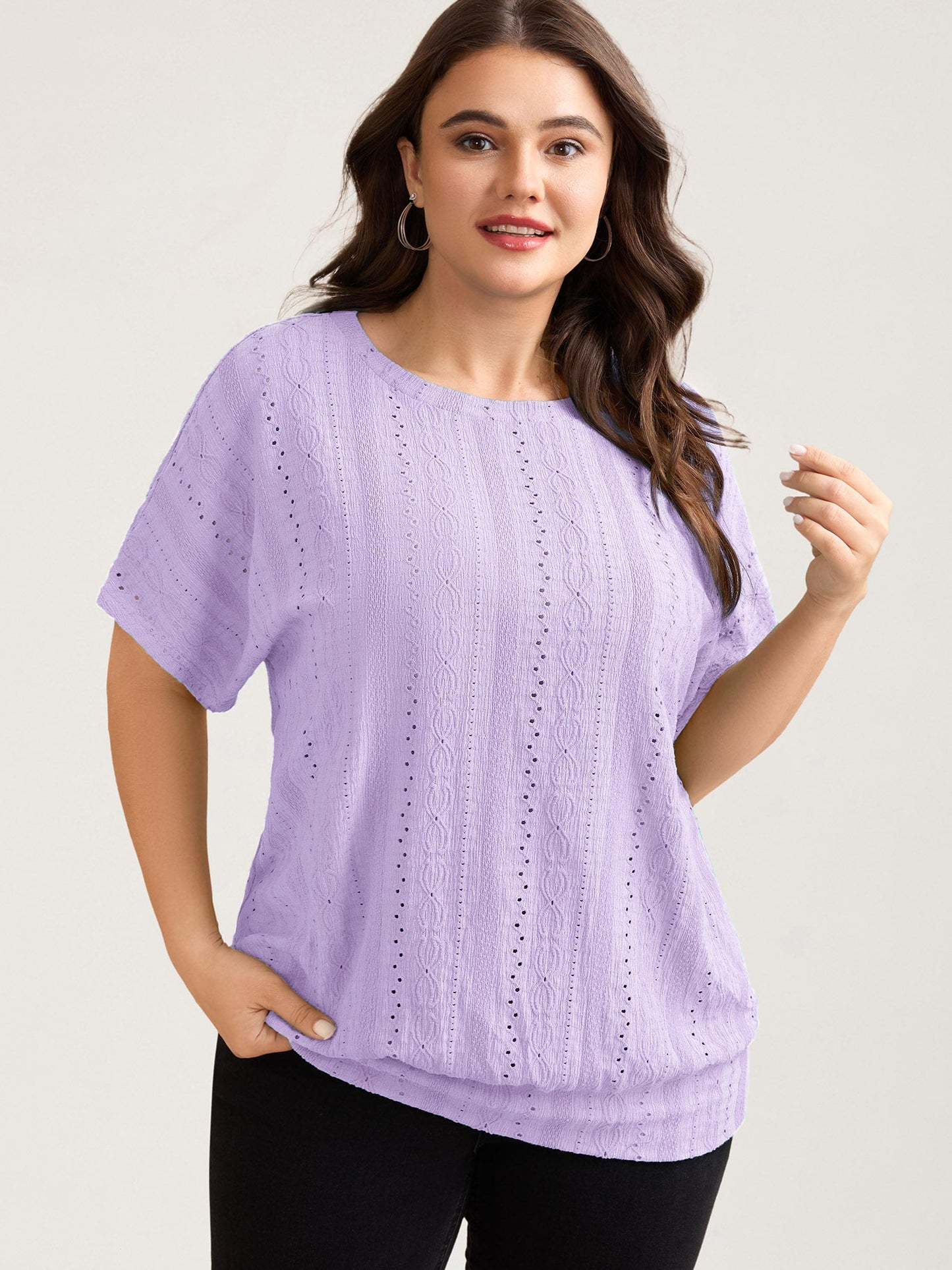 Eyelet Trim Stretchy Textured Plain Top
