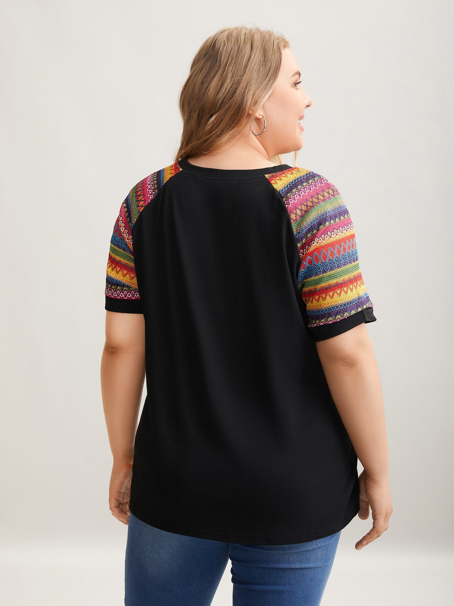 Multi-Color Striped Sleeve Spliced T-Shirt