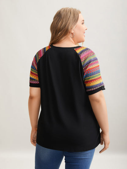 Multi-Color Striped Sleeve Spliced T-Shirt