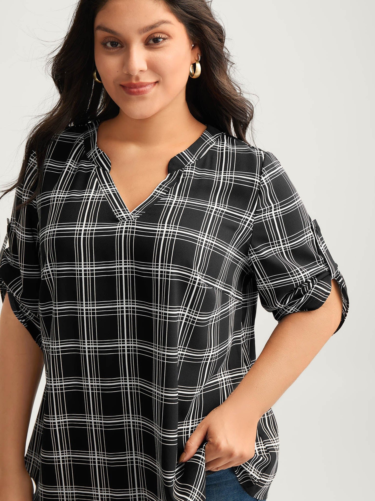 Plaid Print Tab Sleeve Notched Blouse