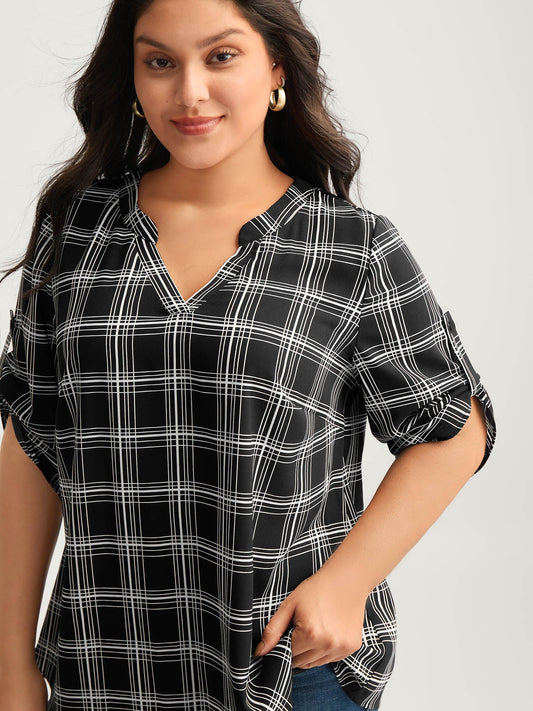 Plaid Print Tab Sleeve Notched Blouse