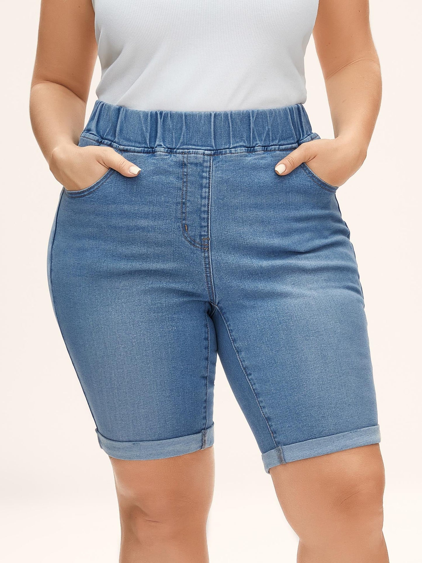 Pull-On Stretchy Waist Denim Shorts